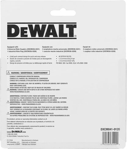 مشعب هواء مستقيم بأربعة اتجاهات من DEWALT مع مقسم هوائي متعدد الأدوات: 4 قارنات عالمية ومقبس صناعي، 300 رطل لكل بوصة مربعة كحد أقصى، وتدفق هواء 40 SCFM in Kuwait