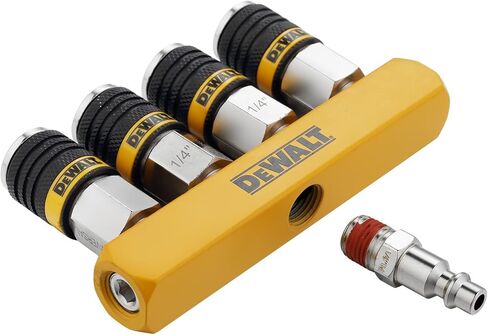 مشعب هواء مستقيم بأربعة اتجاهات من DEWALT مع مقسم هوائي متعدد الأدوات: 4 قارنات عالمية ومقبس صناعي، 300 رطل لكل بوصة مربعة كحد أقصى، وتدفق هواء 40 SCFM in Kuwait