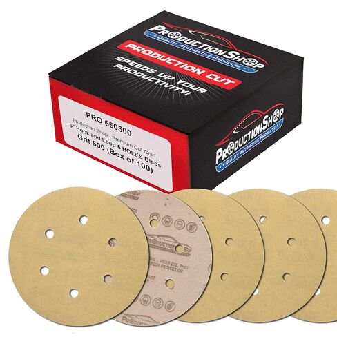 ProductionShop Premium 500 Grit 6 بوصات أقراص سنفرة ذهبية، نمط 6 فتحات، صندوق مكون من 100 - ورق صنفرة خلفي بدون غبار بخطاف وحلقة لـ DA وآلات الصنفرة المدارية العشوائية، وطلاء السيارات الرملي، وأثاث الأعمال الخشبية in Kuwait