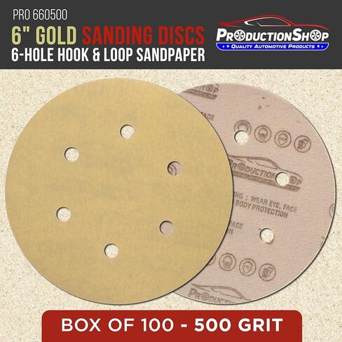ProductionShop Premium 500 Grit 6 بوصات أقراص سنفرة ذهبية، نمط 6 فتحات، صندوق مكون من 100 - ورق صنفرة خلفي بدون غبار بخطاف وحلقة لـ DA وآلات الصنفرة المدارية العشوائية، وطلاء السيارات الرملي، وأثاث الأعمال الخشبية in Kuwait