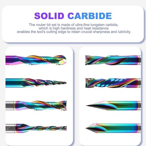 مجموعة لقم توجيه CNC مطلية بـ 8 قطع من DLC ساق 1/4 بوصة، استخدامات متعددة لطواحين نهاية الكربيد الصلبة لأعمال النجارة، مثالية لنحت التفاصيل، والتشذيب، والنقش على شكل حرف V، والشق والنقر in Kuwait