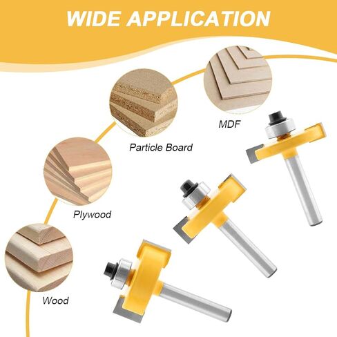 1/4 Inch Shank Rabbet Router Bit Set, 3 PCS Rabbeting Router Bit with 6 Bearings Set (1/16", 1/8", 3/16", 1/4", 5/16", 3/8" Bearings), Interchangeable Bearings with 1/4" to 1/2" Route-r Collet in Kuwait