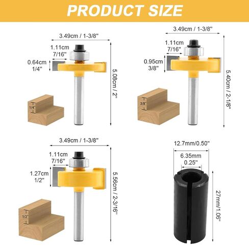1/4 Inch Shank Rabbet Router Bit Set, 3 PCS Rabbeting Router Bit with 6 Bearings Set (1/16", 1/8", 3/16", 1/4", 5/16", 3/8" Bearings), Interchangeable Bearings with 1/4" to 1/2" Route-r Collet in Kuwait