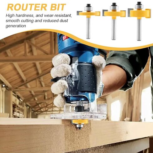 1/4 Inch Shank Rabbet Router Bit Set, 3 PCS Rabbeting Router Bit with 6 Bearings Set (1/16", 1/8", 3/16", 1/4", 5/16", 3/8" Bearings), Interchangeable Bearings with 1/4" to 1/2" Route-r Collet in Kuwait