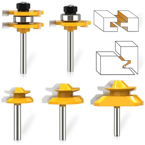 45 Degree Lock Miter Router Bit 1/4 Inch Shank Lock Miter Woodworking Tools Set 1/2" 9/16" 3/4" Cutting Height, Tongue and Groove Router Bits Set 3 Teeth T Shape Wood Milling Cutter Woodworking Tool in Kuwait