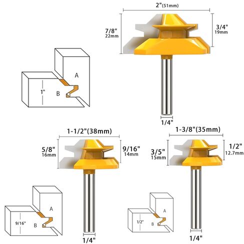 45 Degree Lock Miter Router Bit 1/4 Inch Shank Lock Miter Woodworking Tools Set 1/2" 9/16" 3/4" Cutting Height, Tongue and Groove Router Bits Set 3 Teeth T Shape Wood Milling Cutter Woodworking Tool in Kuwait