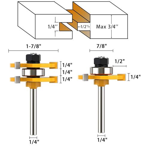 45 Degree Lock Miter Router Bit 1/4 Inch Shank Lock Miter Woodworking Tools Set 1/2" 9/16" 3/4" Cutting Height, Tongue and Groove Router Bits Set 3 Teeth T Shape Wood Milling Cutter Woodworking Tool in Kuwait