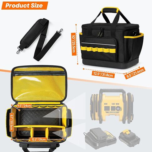 حقيبة حمل مضخة ضاغط الهواء من ريكسميكا متوافقة مع منفاخ الإطارات DEWALT DCC020IB 20 فولت بحد أقصى، حقيبة تخزين منفاخ الإطارات مع قاع صلب ومقسم قابل للإزالة لحزمة البطارية والشاحن in Kuwait