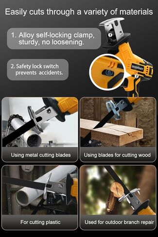 Cordless Reciprocating Saw, 2 x 4.0Ah Batteries, Reciprocating Saw Cordless, Variable Speed, Blades Kit for Metal/Wood/PVC Cutting, Yellow in Kuwait