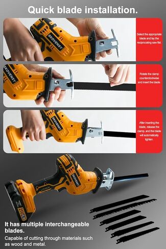 Cordless Reciprocating Saw, 2 x 4.0Ah Batteries, Reciprocating Saw Cordless, Variable Speed, Blades Kit for Metal/Wood/PVC Cutting, Yellow in Kuwait