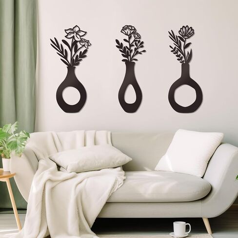 KOYILTD 3 Pcs Black Flowers and Vases Decor Metal Flower Wall Decoration Metal Vase Wall Art Floral Home Decor Minimalist Art for Home Living Room Bathroom Dining Room (Modern) in Saudi Arabia
