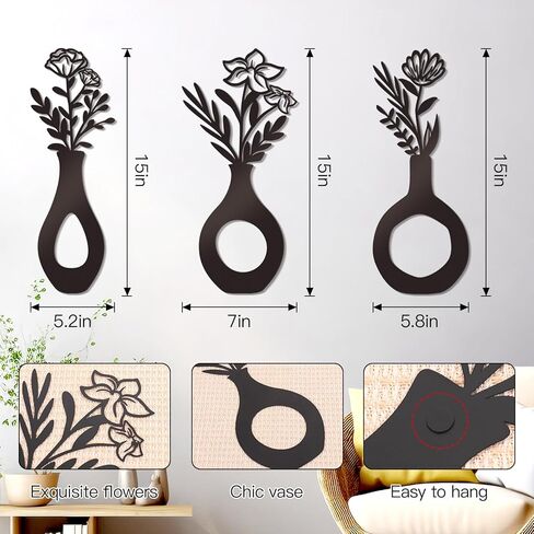 KOYILTD 3 Pcs Black Flowers and Vases Decor Metal Flower Wall Decoration Metal Vase Wall Art Floral Home Decor Minimalist Art for Home Living Room Bathroom Dining Room (Modern) in Saudi Arabia