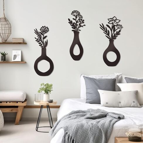 KOYILTD 3 Pcs Black Flowers and Vases Decor Metal Flower Wall Decoration Metal Vase Wall Art Floral Home Decor Minimalist Art for Home Living Room Bathroom Dining Room (Modern) in Saudi Arabia