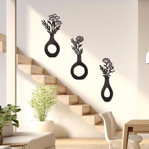 KOYILTD 3 Pcs Black Flowers and Vases Decor Metal Flower Wall Decoration Metal Vase Wall Art Floral Home Decor Minimalist Art for Home Living Room Bathroom Dining Room (Modern) in Saudi Arabia
