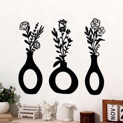 KOYILTD 3 Pcs Black Flowers and Vases Decor Metal Flower Wall Decoration Metal Vase Wall Art Floral Home Decor Minimalist Art for Home Living Room Bathroom Dining Room (Modern) in Saudi Arabia