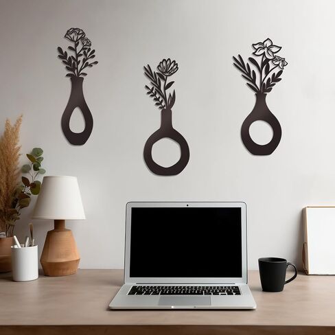 KOYILTD 3 Pcs Black Flowers and Vases Decor Metal Flower Wall Decoration Metal Vase Wall Art Floral Home Decor Minimalist Art for Home Living Room Bathroom Dining Room (Modern) in Saudi Arabia