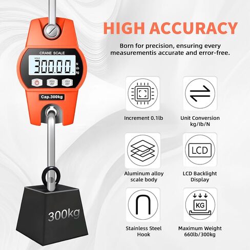 ميزان معلق ويشسوم 660 رطل/300 كجم - ميزان رافعة عالي الدقة بإطار من الألومنيوم وشاشة LCD. وظائف كمقياس الصيد ومقياس الأمتعة. للمزرعة والصيد واللياقة البدنية ووزن السفر in Kuwait