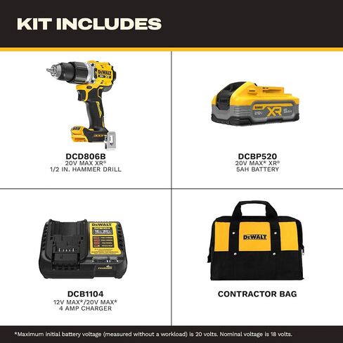 DEWALT 20V MAX XR 1/2 بوصة طقم مثقاب مطرقة لاسلكي بدون فرش مع بطارية 5AH وشاحن (DCD806H1) in Kuwait