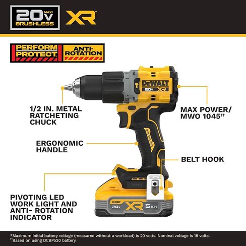DEWALT 20V MAX XR 1/2 بوصة طقم مثقاب مطرقة لاسلكي بدون فرش مع بطارية 5AH وشاحن (DCD806H1) in Kuwait