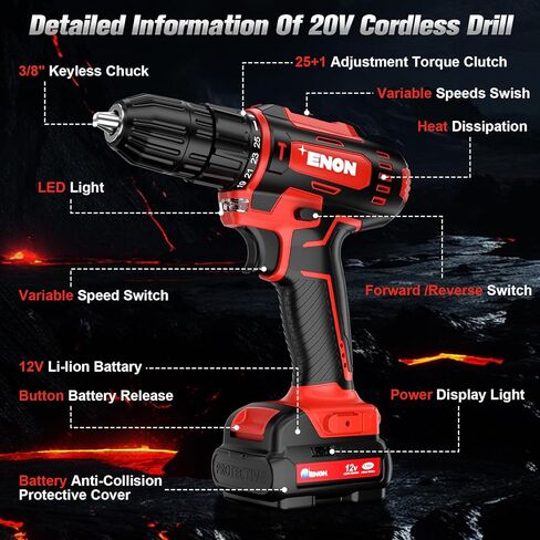 ENON Cordless Drill Set,12V Power Drill Set with Battery and Charger, Electric Driver/Drill Bits, 3/8'' Keyless Chuck,25+1 Torque Setting, 270 inch-lbs, with LED Electric Drill Set in Kuwait