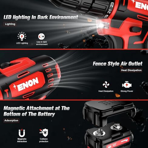 ENON Cordless Drill Set,12V Power Drill Set with Battery and Charger, Electric Driver/Drill Bits, 3/8'' Keyless Chuck,25+1 Torque Setting, 270 inch-lbs, with LED Electric Drill Set in Kuwait