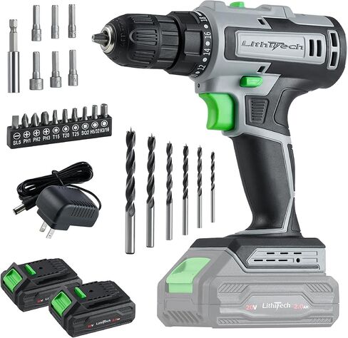Cordless Drill Set, 20V Power Drill with Battery 2.0Ah and Charger, 2 Batteries, 3/8-Inch Keyless Chuck Electric drill, 18+1 Position, 2 Variable Speed, 380 In-lb Torque (Green) in Kuwait
