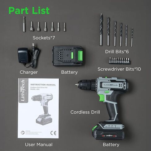 Cordless Drill Set, 20V Power Drill with Battery 2.0Ah and Charger, 2 Batteries, 3/8-Inch Keyless Chuck Electric drill, 18+1 Position, 2 Variable Speed, 380 In-lb Torque (Green) in Kuwait