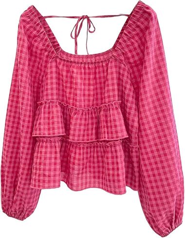 GORGLITTER Women's Gingham Peplum Tops Tiered Ruffle Plaid Bishop Long Sleeve Blouses Dressy Cute Flowy Babydoll Shirt in Saudi Arabia
