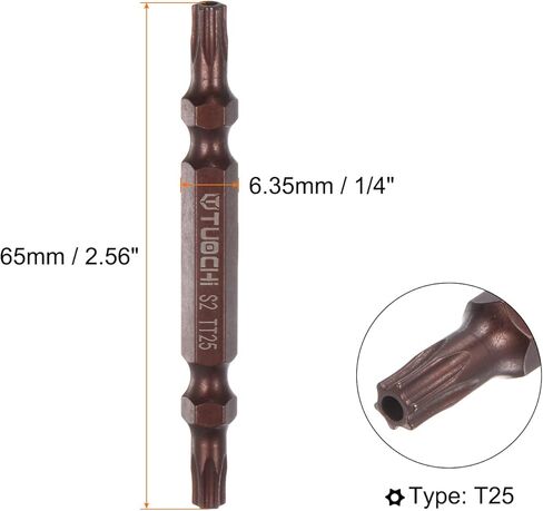2pcs T25 Magnetic Double-Ended Screwdriver Bits 65mm/2.56" Length 1/4" Hex Shank S2 Steel Hollow Torx Drill Bit Hardware Accessory Tools, Copper in Kuwait