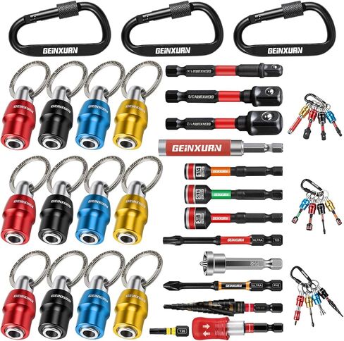 Geinxurn 25Pcs Bit Holder Key Chain, 1/4" Hex Shank One Handed Quick Change& Release Extension Bit Organizer with Screwdriver Bits, Drill Extension & Step Drill, Sockets Adapter, Nut Driver for DIY in Saudi Arabia