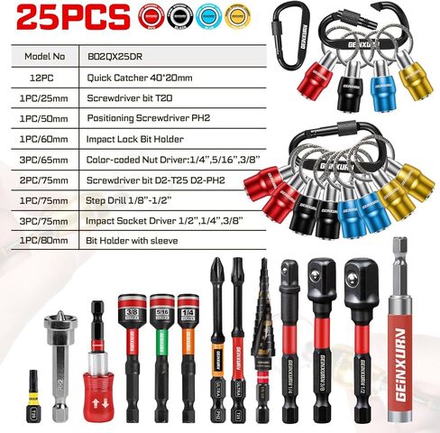 Geinxurn 25Pcs Bit Holder Key Chain, 1/4" Hex Shank One Handed Quick Change& Release Extension Bit Organizer with Screwdriver Bits, Drill Extension & Step Drill, Sockets Adapter, Nut Driver for DIY in Saudi Arabia