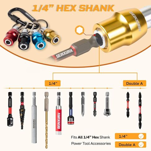 Geinxurn 25Pcs Bit Holder Key Chain, 1/4" Hex Shank One Handed Quick Change& Release Extension Bit Organizer with Screwdriver Bits, Drill Extension & Step Drill, Sockets Adapter, Nut Driver for DIY in Saudi Arabia