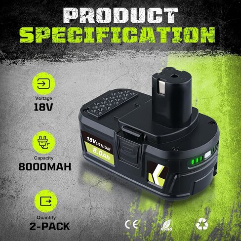 2Pack P108 8.0Ah Battery Compatible with Ryobi 18V Battery Replacement for Ryobi Batteries 18V Lithium P108 P102 P103 P104 P105 P107 P109 P122 in Kuwait