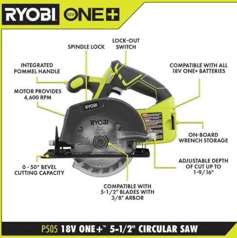 منشار دائري RYOBI 18V ONE+ 5-1/2 بوصة مع شفرة مائلة من الكربيد 5-1/2 بوصة 18TPI in Kuwait