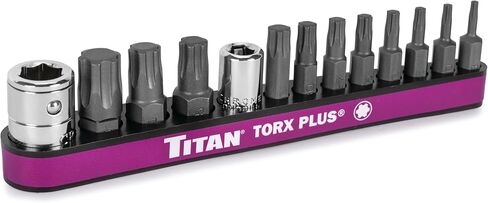 مجموعة لقم توركس بلس مكونة من 13 قطعة من Titan 16099، تتضمن مقاسات من TP8 إلى TP55 بالإضافة إلى حامل لقم 1/4 بوصة و3/8 بوصة، هيكل من سبائك الصلب S2 للقوة والمتانة in Kuwait