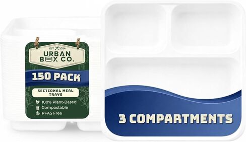 Urban Box Co. 3-Compartment Composatable Square Plates, Unique Design, Heavy-Duty Biodegradable Bagasse, PFAS-Free, BPI Certified Eco-Friendly Dinnerware for Parties & School Lunches, 100 Pack in Saudi Arabia