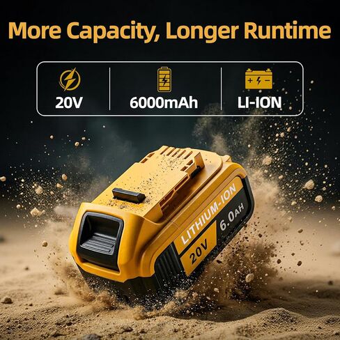 بطارية 6.0 أمبير 20 فولت كحد أقصى لـ Dewalt 2-Pack، متوافقة مع أدوات الطاقة والشواحن Dewalt 20V، بطارية بديلة لـ Dewalt DCB206/205/204/203/201، وقت تشغيل طويل للمقاولين ومواقع العمل الشاقة in Kuwait