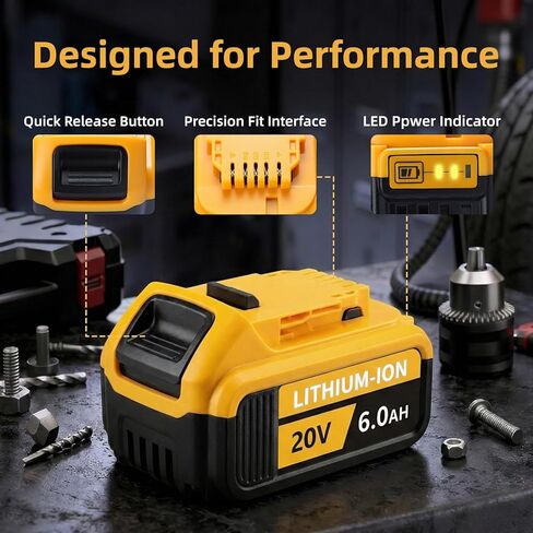 بطارية 6.0 أمبير 20 فولت كحد أقصى لـ Dewalt 2-Pack، متوافقة مع أدوات الطاقة والشواحن Dewalt 20V، بطارية بديلة لـ Dewalt DCB206/205/204/203/201، وقت تشغيل طويل للمقاولين ومواقع العمل الشاقة in Kuwait