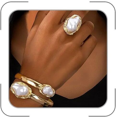 ANGLEQUEEN Chunky Cuff Bracelets Rings For Women Rhinestone Pearls Bracelet Ring Set Gold Chunky Bangle Bracelets Rings Set Prom Jewelry Sets for Women in Saudi Arabia
