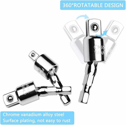 3PCS 360° Universal Socket Adapter Set, Hex Shank to Square Drive Drill Bit Extension Wrench Adapter for Power Tools in Kuwait
