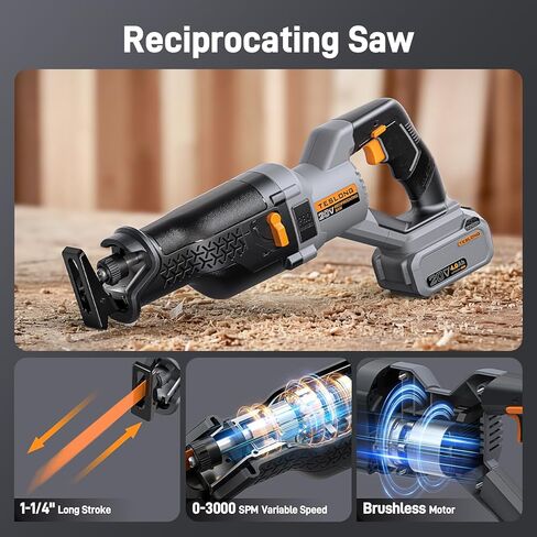 Teslong 20V Brushless Reciprocating Saw, 1-1/4" Stroke, 0–3000 SPM Variable Speed, LED Light, Tool-Free Blade Change, with 4.0Ah Battery in Kuwait