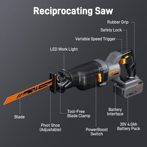Teslong 20V Brushless Reciprocating Saw, 1-1/4" Stroke, 0–3000 SPM Variable Speed, LED Light, Tool-Free Blade Change, with 4.0Ah Battery in Kuwait