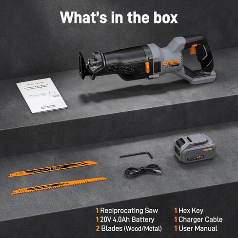 Teslong 20V Brushless Reciprocating Saw, 1-1/4" Stroke, 0–3000 SPM Variable Speed, LED Light, Tool-Free Blade Change, with 4.0Ah Battery in Kuwait
