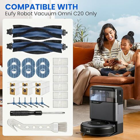 مجموعة قطع غيار مكونة من 28 قطعة لمكنسة eufy Omni C20 Robot، تتضمن فرشتين رئيسيتين، 6 فرش جانبية، 6 مرشحات HEPA، 6 أكياس غبار، 6 وسادات ممسحة وأدوات صيانة - ملحقات إعادة التعبئة الكاملة in Kuwait