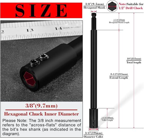 10 Inch Forstner Drill Bit Extension for 3/8" Hex Shank, Hole Saw Extension Chuck, for Adding Over 8-1/2 inches of Drilling Depth in Kuwait