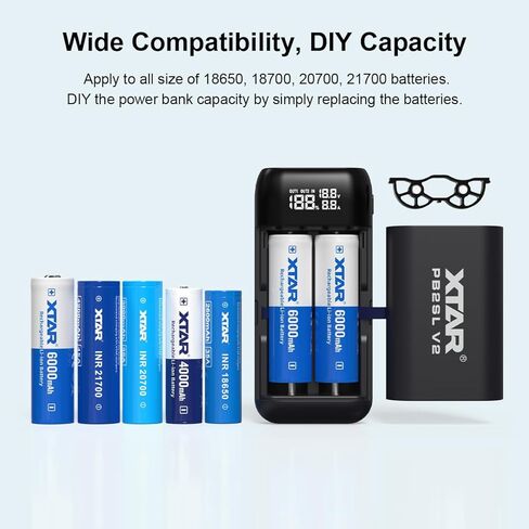 شاحن بطارية XTAR PB2SL V2 Universal 18650 18700 20700 21700 مع وظيفة الإخراج، يدعم QC3.0 PD3.0 Type C الشحن السريع in Kuwait