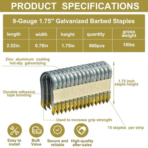 9GA Barbed Fencing Staples 1-3/4 Inch (960 Count) - Galvanized Heavy Duty Wire Fence Nails Compatible with DeWalt DFS9175B1G Cordless Stapler - for Livestock, Field & Mesh Fencing in Kuwait