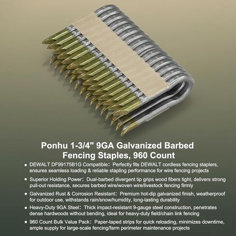 9GA Barbed Fencing Staples 1-3/4 Inch (960 Count) - Galvanized Heavy Duty Wire Fence Nails Compatible with DeWalt DFS9175B1G Cordless Stapler - for Livestock, Field & Mesh Fencing in Kuwait