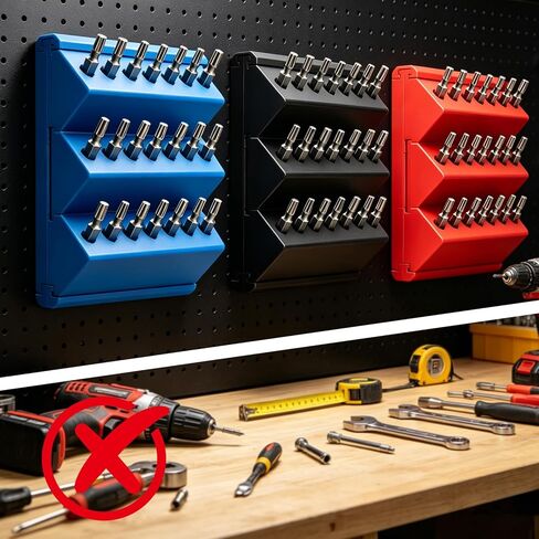 1/4 Hex Bit Organizer, 21 Hole Drill Bit Holder, 45° Angled Modular Interlocking Expandable, Wall & Pegboard Mount Screwdriver Router Bit Storage, No Drop Bit Holder for Garage Workshop Storage Red in Kuwait
