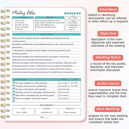 Meeting Notebook for Work - دفتر منظم العمل مع عناصر الإجراء ، دفتر ملاحظات لقضاء الملاحظات ، أخذ 7.5 "x10" مخطط المشروع للرجال والنساء ، الأسود in Saudi Arabia